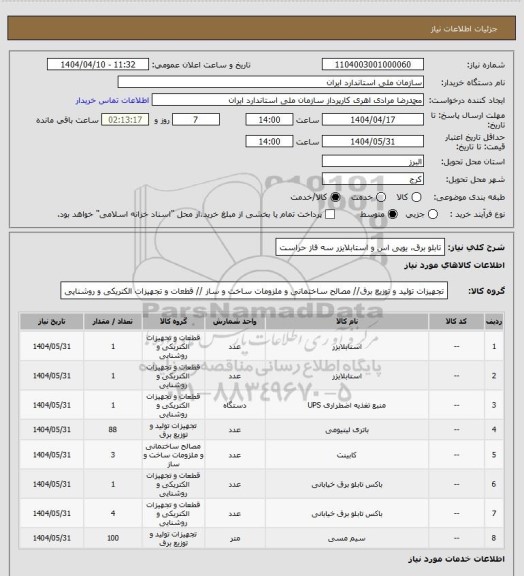 استعلام تابلو برق، یوپی اس و استابلایزر سه فاز حراست