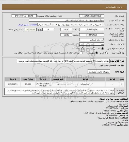 استعلام هادی روکشدار CC آلومینیوم تقویت شده با فولاد MINK با ولتاژ نامی 20 کیلوولت طبق مشخصات فنی پیوستی