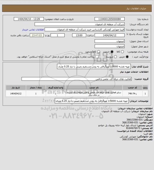 استعلام تهیه نقشه 1:5000 توپوگرافی به روش مستقیم زمینی با تراز 0.25 متری