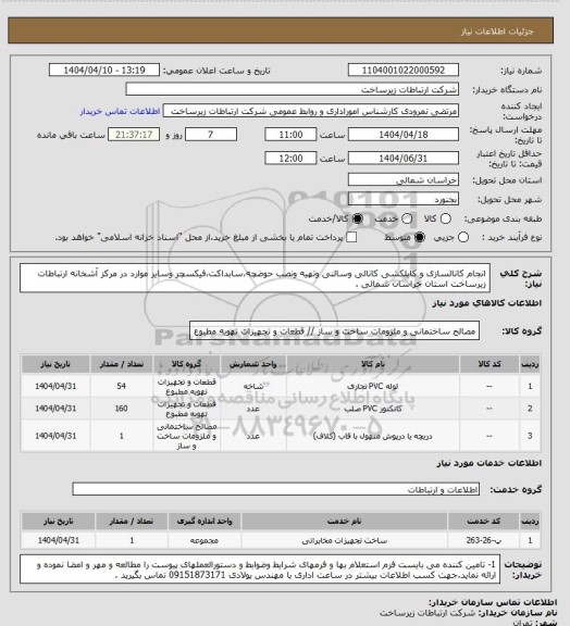 استعلام انجام کانالسازی و کابلکشی کانالی وسالنی وتهیه ونصب حوضچه،سابداکت،فیکسچر وسایر موارد در مرکز آشخانه  ارتباطات زیرساخت استان خراسان شمالی .
