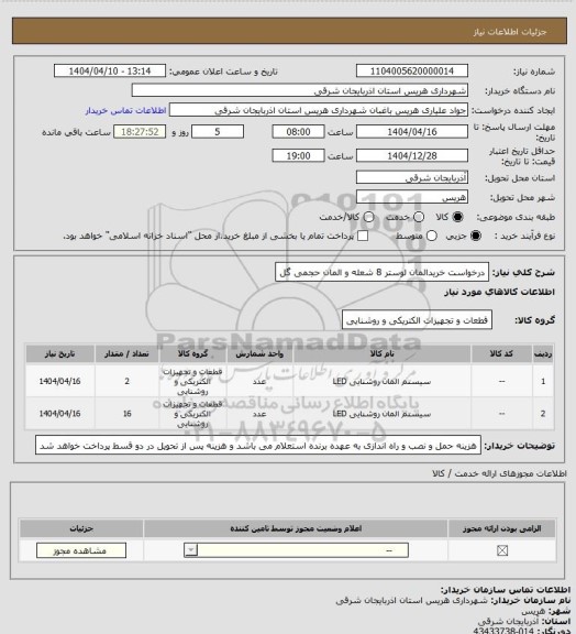استعلام درخواست خریدالمان لوستر 8 شعله و المان حجمی گل