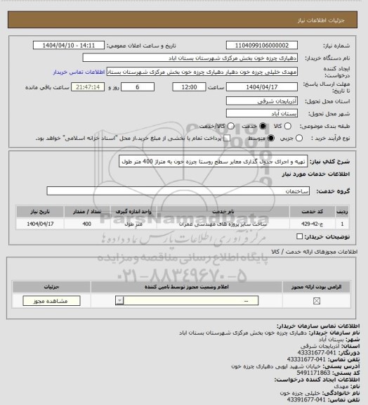 استعلام تهیه و اجرای جدول گذاری معابر سطح روستا چرزه خون به متراژ 400 متر طول