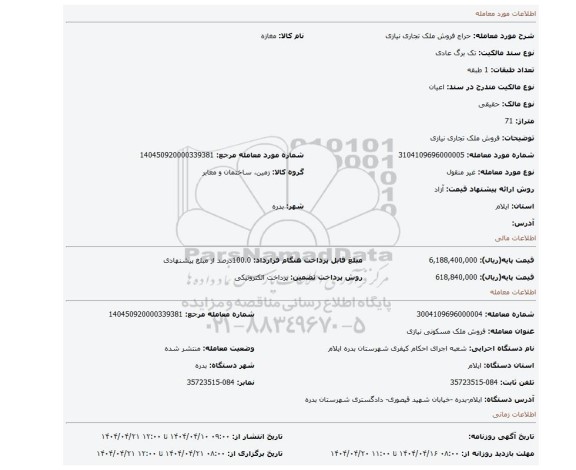 مزایده، فروش ملک تجاری نیازی