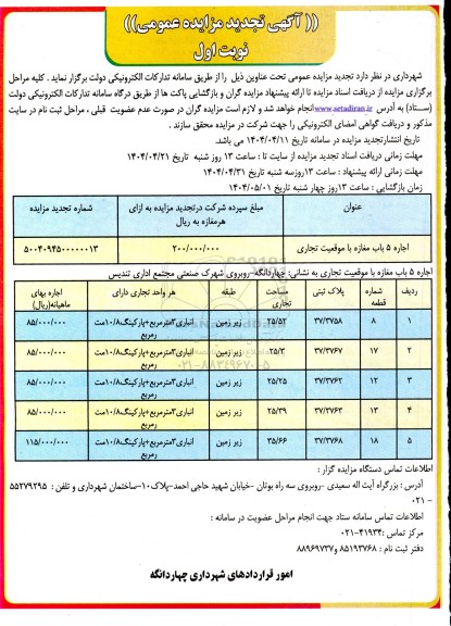 مزایده اجاره 5 باب مغازه با موقعیت تجاری
