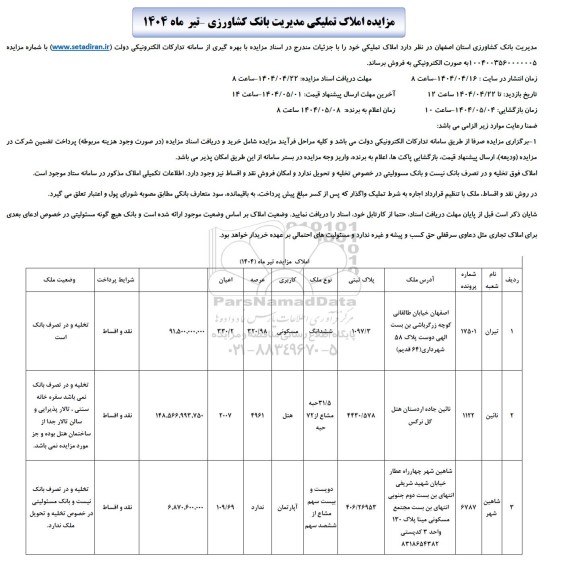 مزایده فروش املاک تملیکی