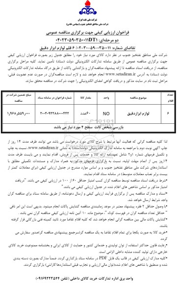 مناقصه 6 قلم لوازم ابزار دقیق 