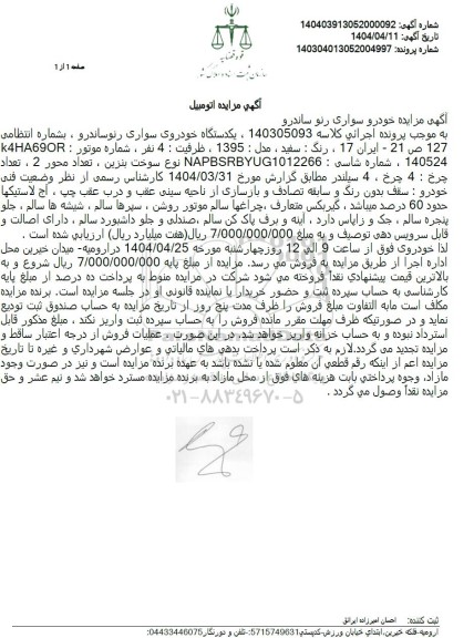 مزایده فروش یکدستگاه سواری رنو ساندرو مدل 1395