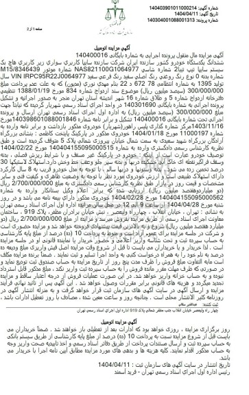 مزایده فروش ششدانگ یکدستگاه خودرو سواری هاچ بک، سیستم سایپا تیپ تیبا 2