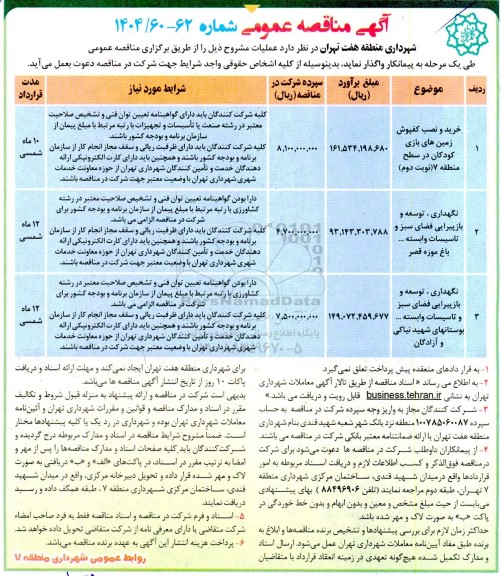 مناقصه خرید و نصب کفپوش زمین های بازی کودکان.....