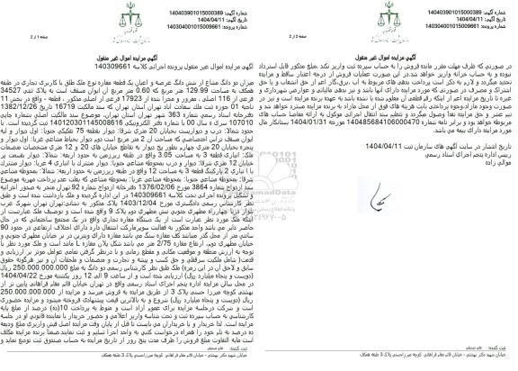 مزایده میزان دو دانگ مشاع از شش دانگ عرصه و اعیان یک قطعه مغازه