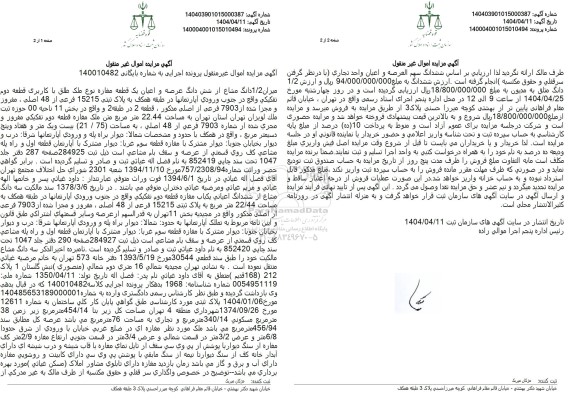 مزایده فروش میزان 1.2 دانگ مشاع از شش دانگ عرصه و اعیان یک قطعه مغازه نوع ملک طلق با کاربری قطعه دوم تفکیکی
