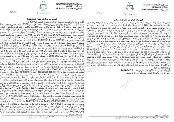 مزایده ششدانگ یک دستگاه آپارتمان