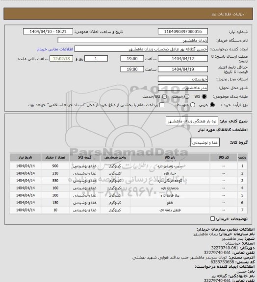 استعلام تره بار هفتگی زندان ماهشهر