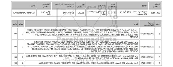 استعلام تجهیزات راه اندازی وانواع گرم کن های صنعتی
