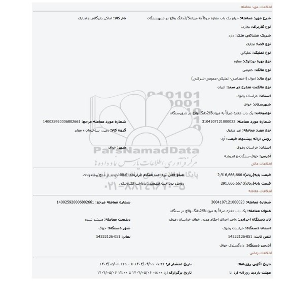 مزایده، یک باب مغازه  صرفاً به میزان2/5دانگ واقع در شهرسنگان