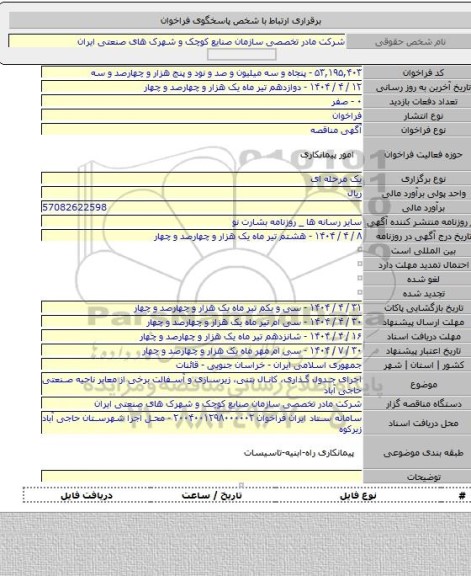 مناقصه, اجرای جدول گذاری، کانال بتنی، زیرسازی و آسفالت برخی از معابر ناحیه صنعتی حاجی آباد