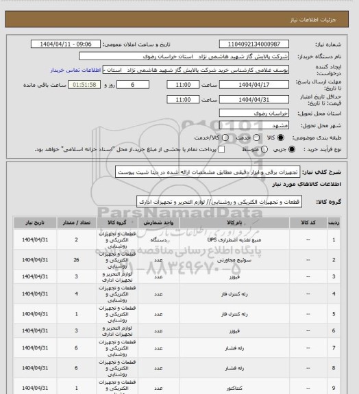 استعلام تجهیزات برقی و ابزار دقیقی مطابق مشخصات ارائه شده در دیتا شیت پیوست