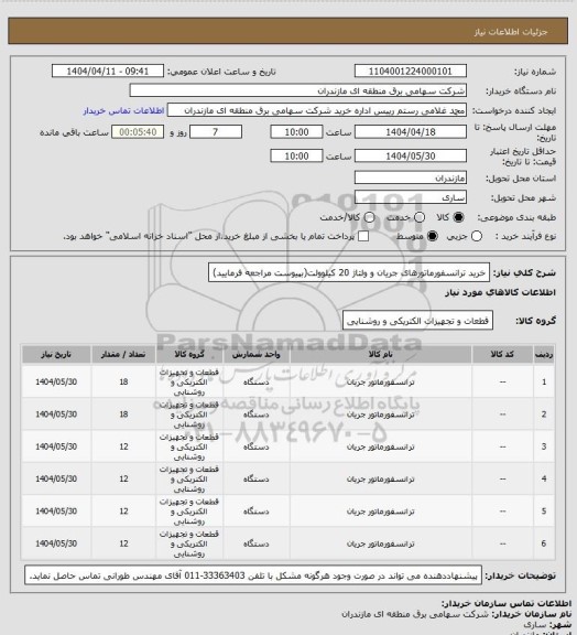 استعلام خرید ترانسفورماتورهای جریان و ولتاژ 20 کیلوولت(بپیوست مراجعه فرمایید)