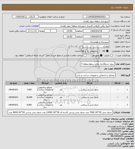 استعلام پروژه جدولگذاری معابر سطع منطقه 4
