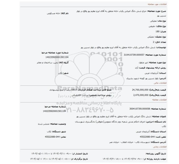 مزایده، شش دانگ اعیانی یکباب خانه متعلق به آقای ایرج عظیم پور واقع در بلوار نسرین پور