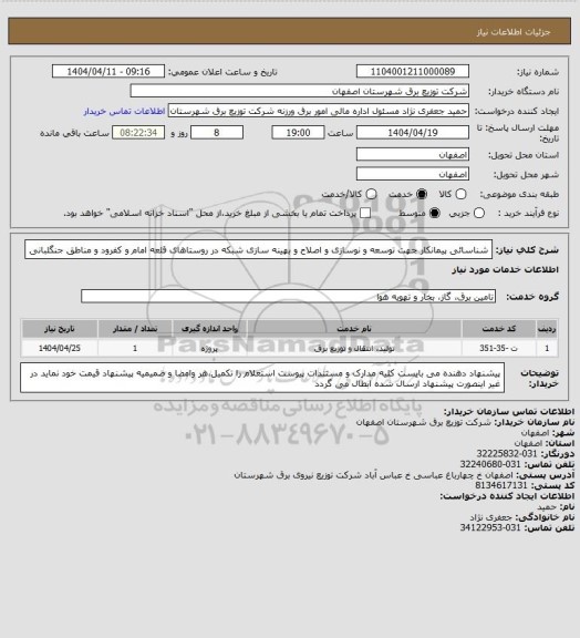 استعلام شناسائی پیمانکار جهت توسعه و نوسازی و اصلاح و بهینه سازی شبکه  در روستاهای قلعه امام و کفرود و مناطق جنگلبانی