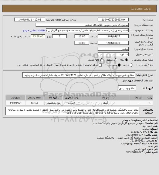 استعلام مطابق شرح پیوست /برای اطلاع بیشتر با شماره تماس 09136624171 در وقت اداری تماس حاصل فرمایید.
