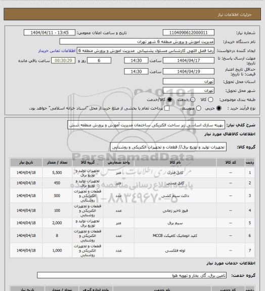 استعلام بهینه سازی اساسی زیر ساخت الکتریکی ساختمان مدیریت آموزش و پرورش منطقه شش