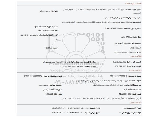مزایده، حراج 56 سهم متعلق به محکوم علیه از مجموع 728 سهم شرکت تعاونی قوطی فلزی دیلم