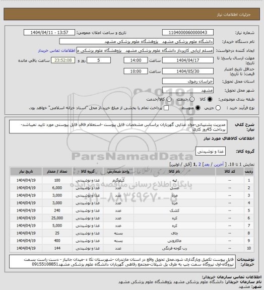 استعلام مدیریت پشتیبانی-مواد غذایی گهرباران براساس مشخصات فایل پیوست -استعلام فاقد فایل پیوستی مورد تایید نمیباشد-پرداخت 45روز کاری