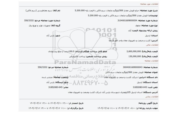 مزایده، فروش مقدار 500کیلوگرم ضایعات سیم لاکی با قیمت پایه 5.200.000