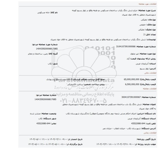 مزایده، شش دانگ یکباب ساختمان مسکونی دو طبقه واقع در بلوار بسیج کوچه شهیدنصیری متعلق به اقای جواد نصیری