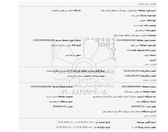 مزایده، فروش سهم الارث محکوم علیه از ملک