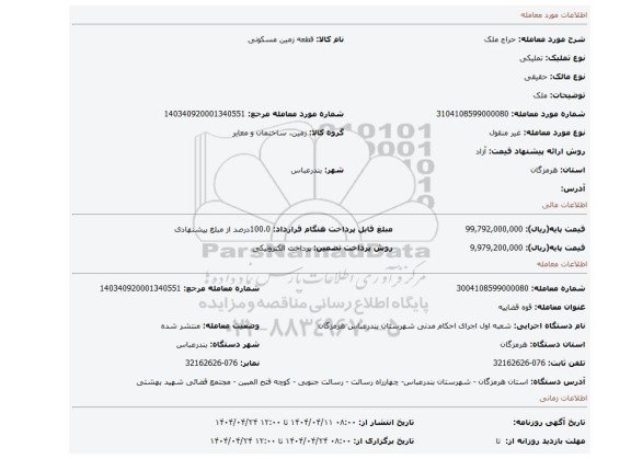 مزایده، ملک