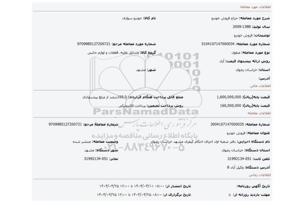 مزایده، فروش خودرو