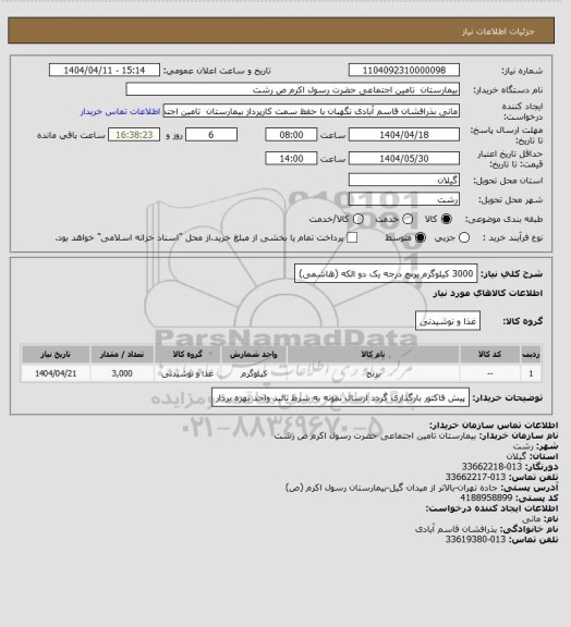 استعلام 3000 کیلوگرم برنج درجه یک دو الکه (هاشمی)
