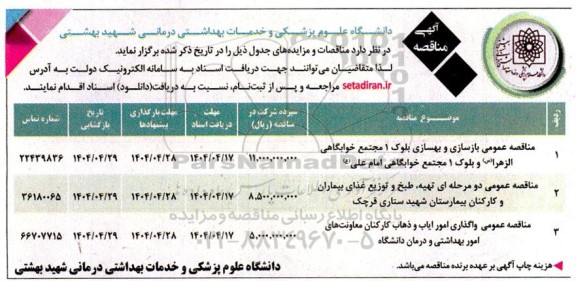 مناقصه عمومی بازسازی  بهسازی بلوک 1 مجتمع خوابگاهی الزهرا (س) و بلوک 1 مجتمع خوابگاهی ...