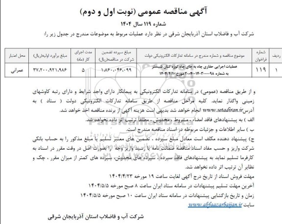 مناقصه عملیات اجرایی حفاری چاه به جای چاه ...