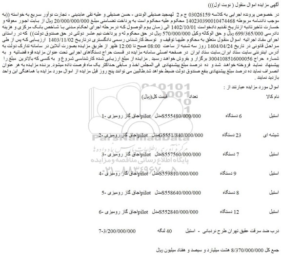 مزایده اجاق گاز رومیزی pilot مدل s555استیل و...