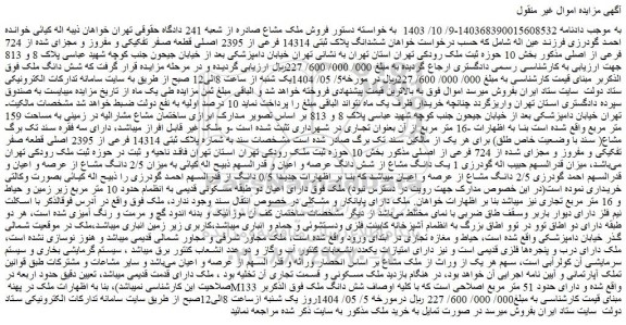 مزایده ششدانگ پلاک ثبتی 14314 فرعی از 2395 اصلی قطعه صفر تفکیکی و مفروز و مجزای شده از 724 فرعی از اصلی