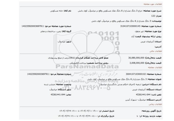 مزایده، 3 دانگ مشاع از 6 دانگ ملک مسکونی واقع در میاندوآب کوی دانش