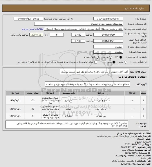 استعلام آهن آلات و ملزومات ساخت اتاق با ساندویچ پنل طبق لیست پیوست