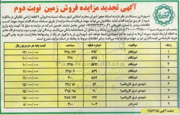 مزایده فروش 9 قطعه اراضی تفکیکی نوبت دوم