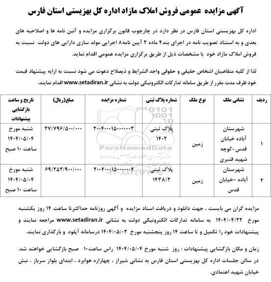 مزایده فروش املاک مازاد