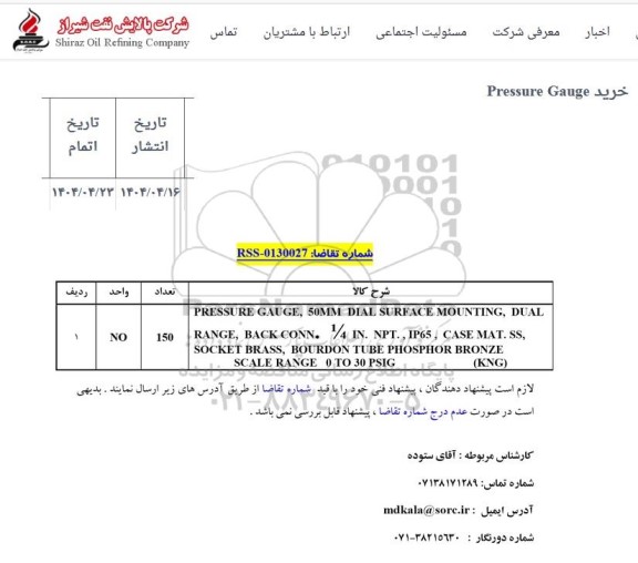 استعلام خرید Pressure Gauge