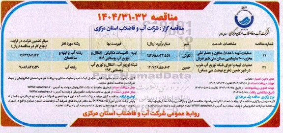مناقصه عملیات تهیه، احداث مخزن و حصارکشی مخزن 2000 مترمکعبی و...