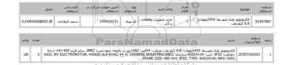 استعلام الکتروموتور ولتاژ متوسط؛ 400کیلووات؛ 6.6 کیلو ولت