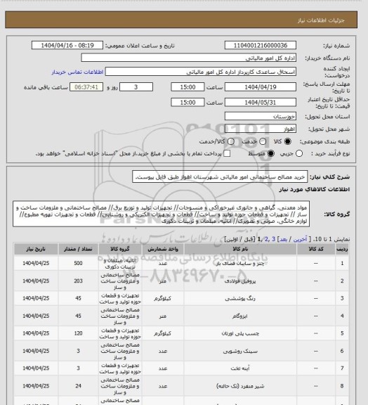 استعلام خرید مصالح ساختمانی امور مالیاتی شهرستان اهواز طبق فایل پیوست.