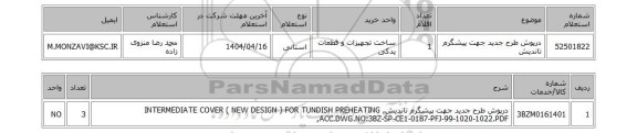 استعلام درپوش طرح جدید جهت پیشگرم تاندیش