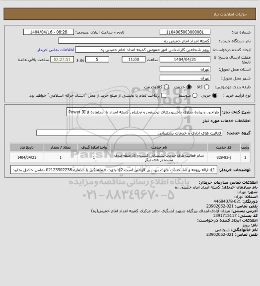 استعلام طراحی و پیاده سازی داشبوردهای توصیفی و تحلیلی کمیته امداد با استفاده از Power BI