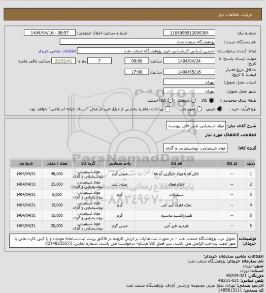 استعلام مواد شیمیایی طبق فایل پیوست